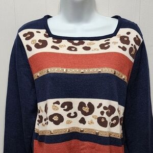 Alfred Dunner Sweater Small El Dorado 3/4 Sleeve Animal Print Embellished B287‎